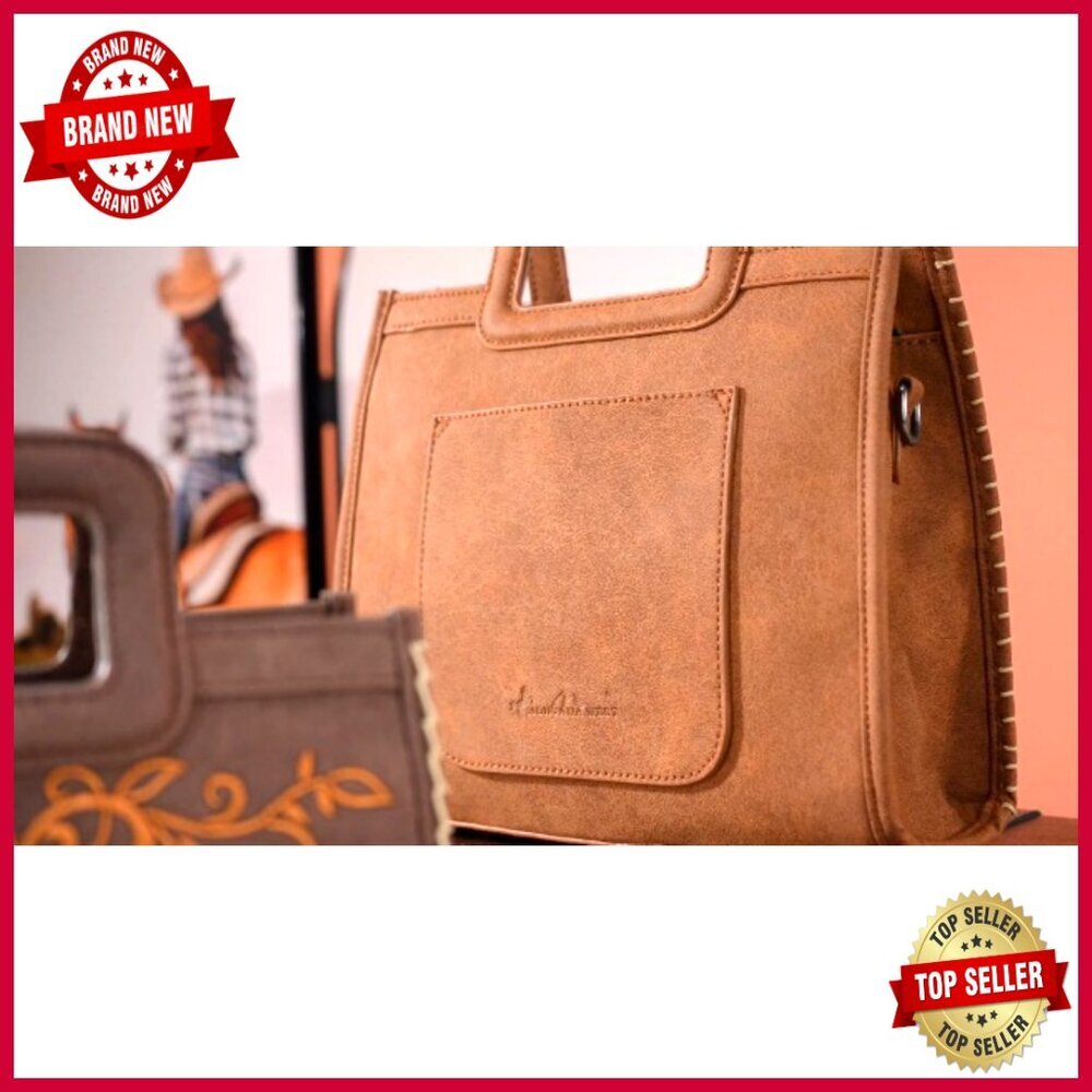 Western Embroidery Crossbody Purse with Top Handle, Vegan Leather, 11x8x4 Inches - Picture 7 of 7